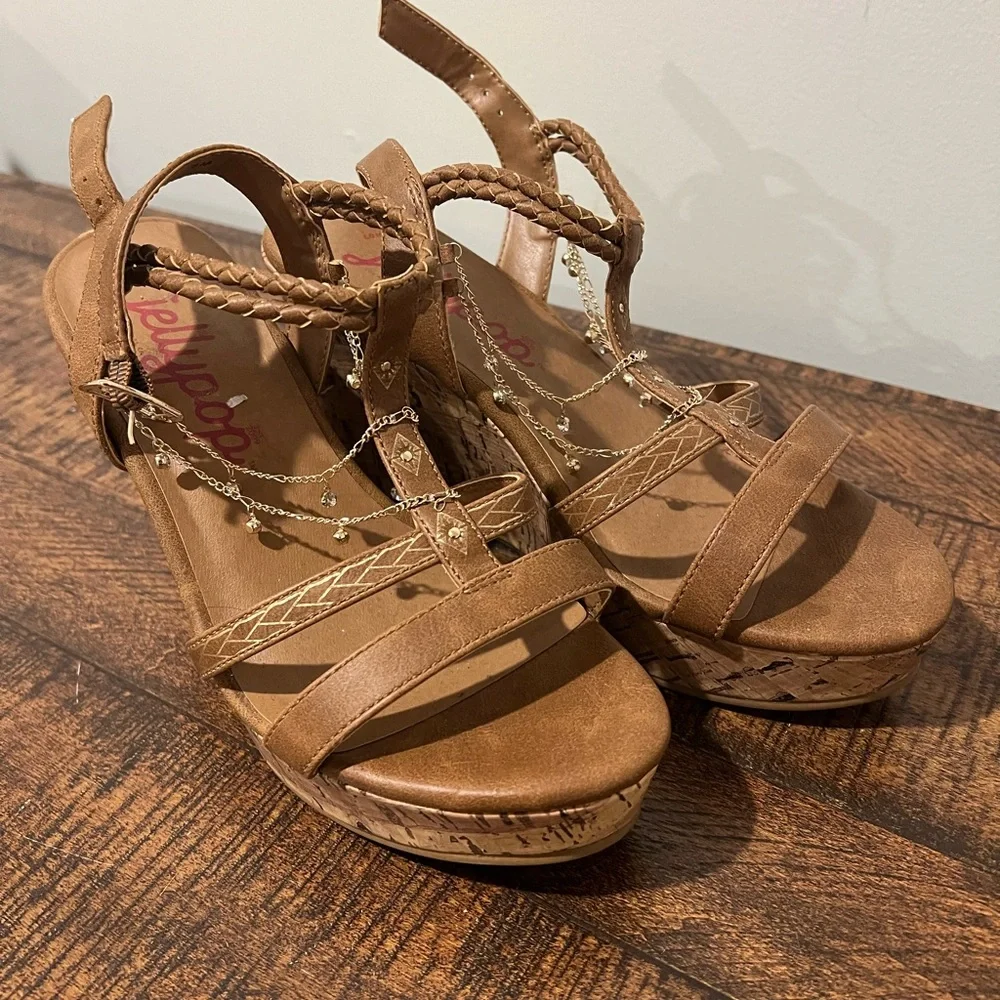 Jellypop Tan Braided-Strap Cork Wedge Sandals with Chain Accent